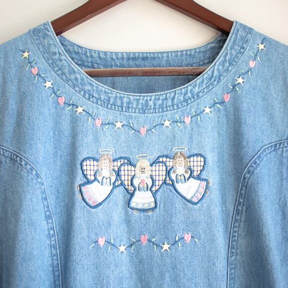 Vintage Embroidered Angel Maxi Denim Dress Size Large - Picture 6 of 6